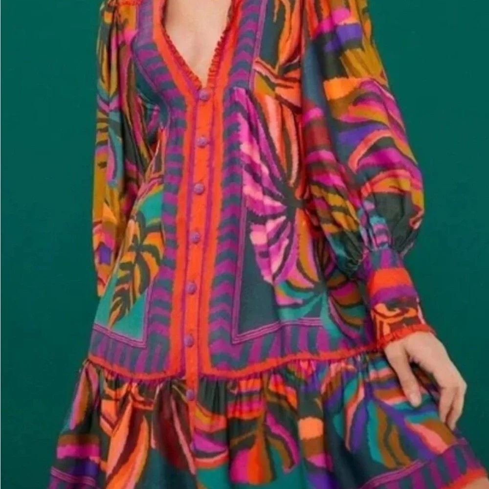 Farm Rio Foliage graphic long sleeve Women's Dress size XL new with tags - Picture 1 of 11